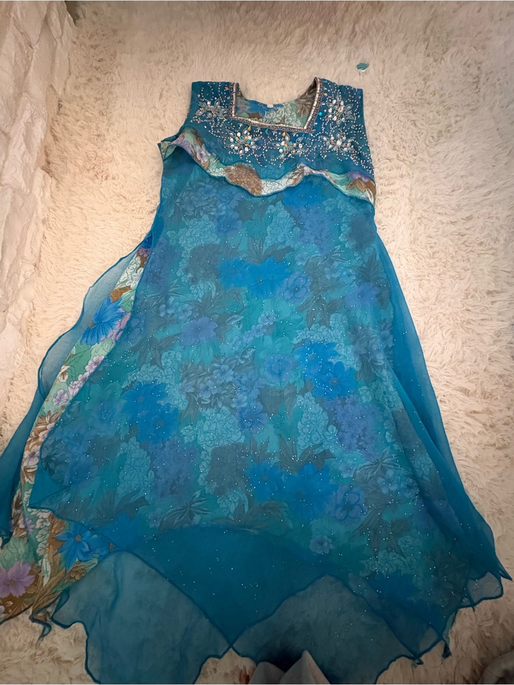 *marked Sue Wong for exposureTeal Floral Chiffon Midi Dress with Beaded Neckline